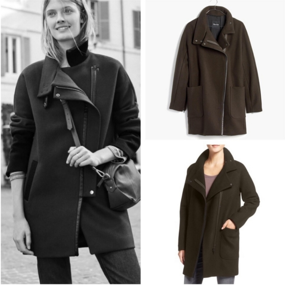 Madewell City Grid Cocoon Warm Coat Green Wool Full Zip Leather Trim Jacket